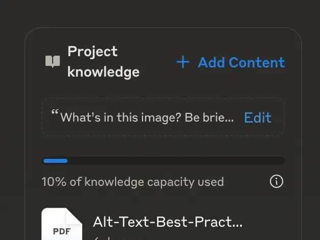 Project knowledge interface showing PDF documents about alt text best practices uploaded 6 days ago, with 10% capacity used and an Add Content button.